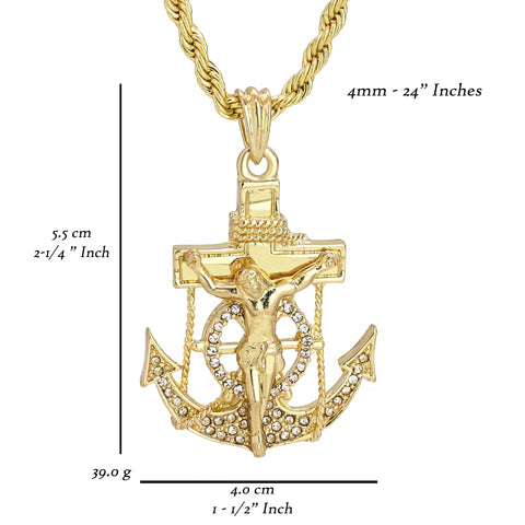 Jesus Anchor Iced Pendant 18K 24" Rope Chain Hip Hop Jewelry