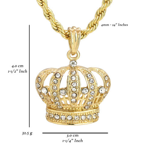 Royal King Crown Iced Pendant 18K 24" Rope Chain Hip Hop Jewelry