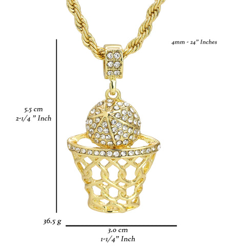 Basketball Iced Pendant 18K 24" Rope Chain Hip Hop Jewelry