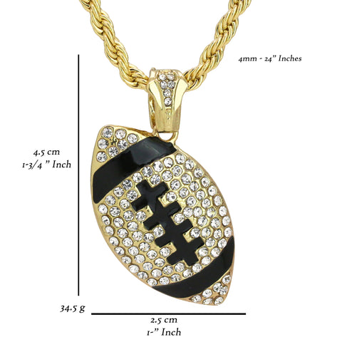 Fully Cz Football Pendant 18K 24" Rope Chain Hip Hop Jewelry