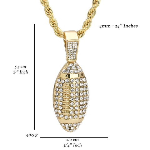 Fully Cz Football HQ Pendant 18K 24" Rope Chain Hip Hop Jewelry