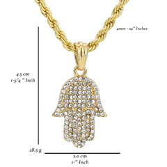 Fully Iced Hamsa Pendant 18K 24" Rope Chain Hip Hop Jewelry