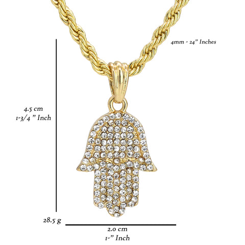 Hamsa Fully Cz Pendant 24" Rope Chain Men's Hip Hop 18k Jewelry