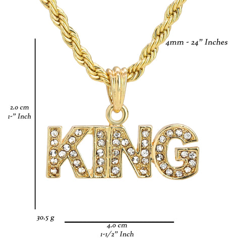 Iced King Pendant 24" Rope Chain Hip Hop 18k Jewelry