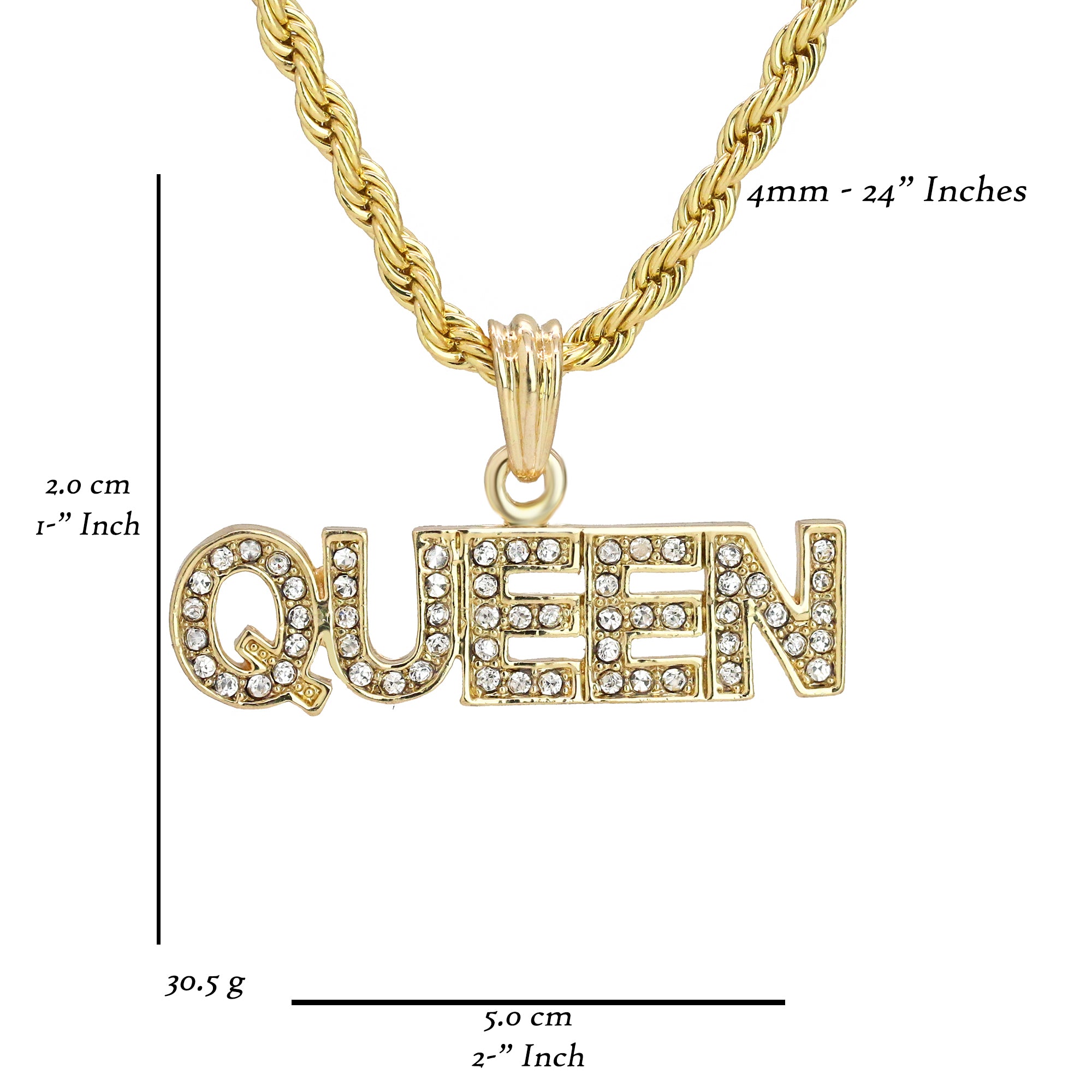 Queen Letter Pendant 18K Gold Plated 24" Rope Chain Hip Hop Jewelry