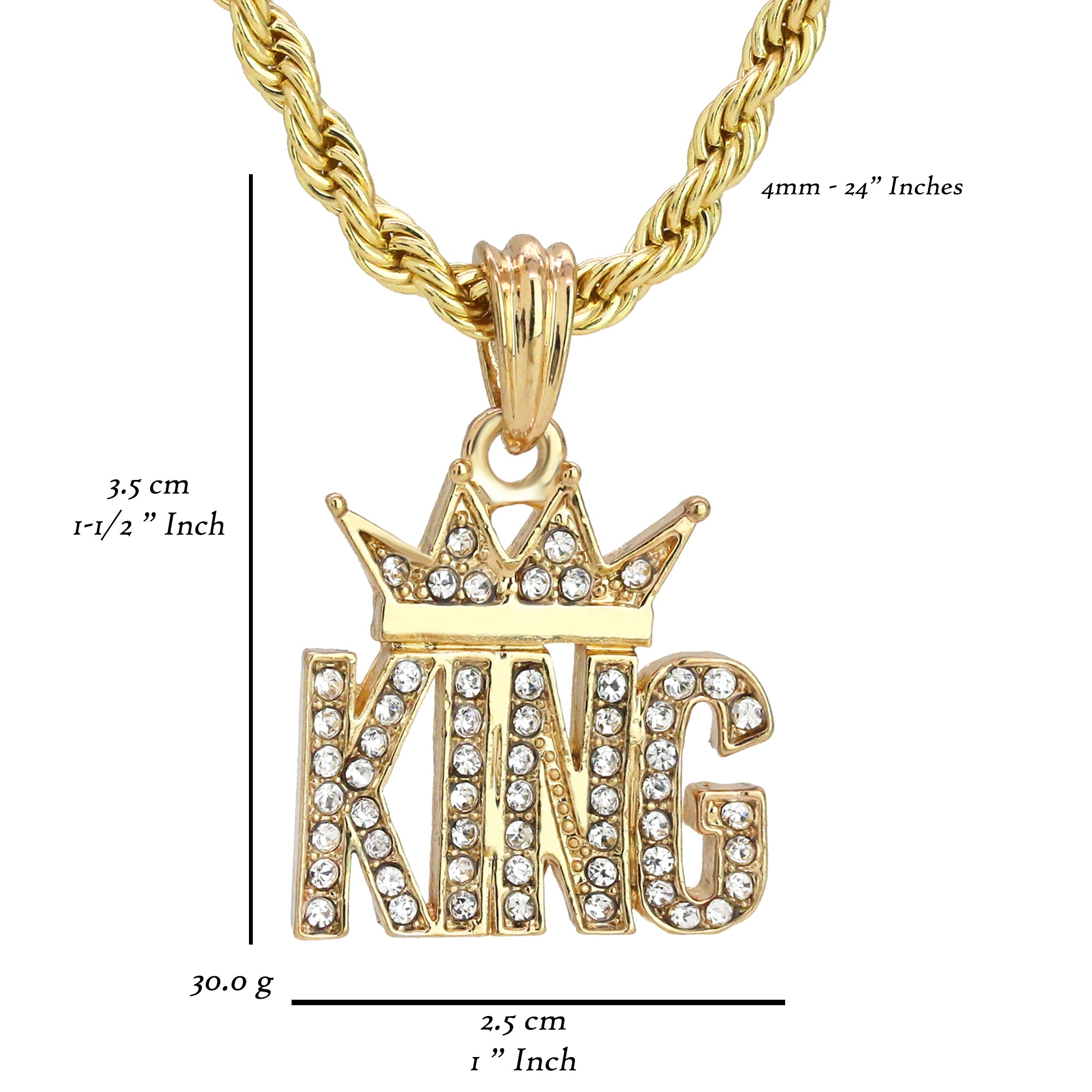 King Crowned Pendant 24" Rope Chain Men's Hip Hop 18k Jewelry