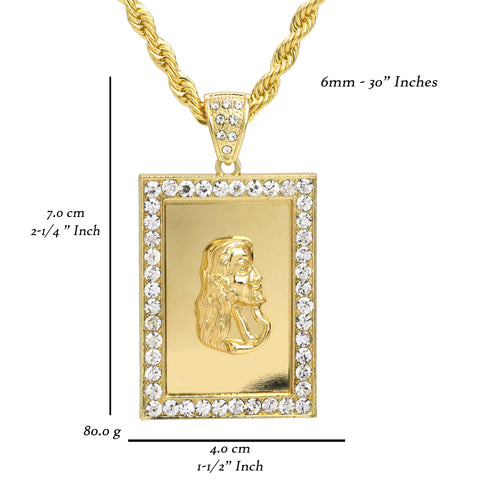 Jesus Face Framed Pendant 30" Rope Chain Hip Hop Style 18k Gold Plated