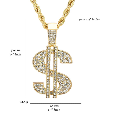 Mula Money Sign Pendant 24" Rope Chain Men's Hip Hop 18k Jewelry