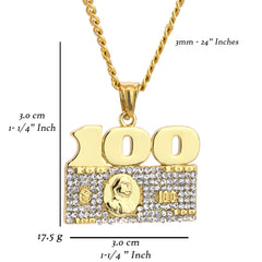 100 Dollar Bill Pendant 24" Cuban Chain Hip Hop Style 18k Gold Stainless Steel