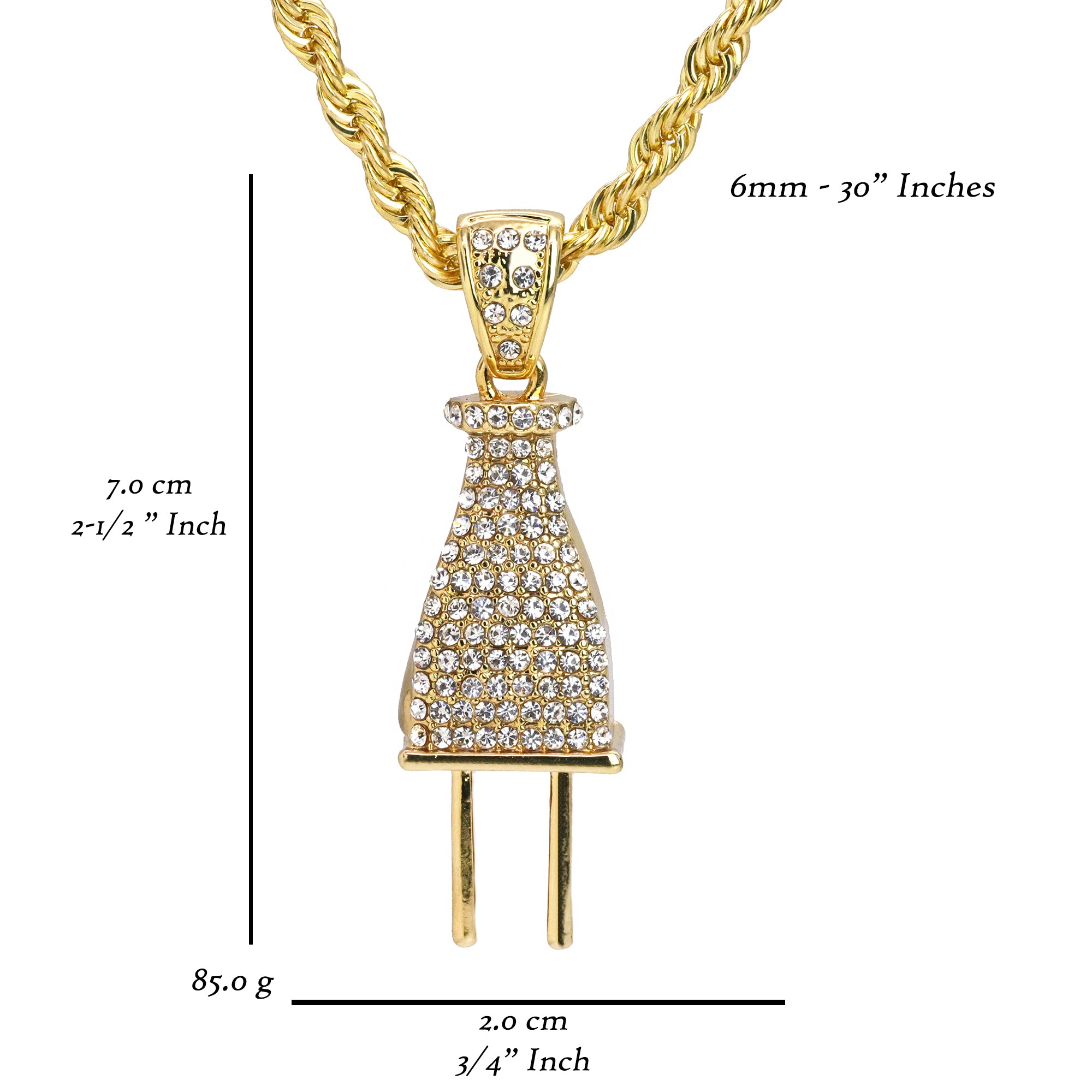 Ice Plug Pendant 30" Rope Chain Hip Hop Style 18k Gold Plated