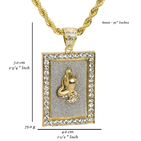 Prayer Hand Framed Pendant 30" Rope Chain Hip Hop Style 18k Gold Plated