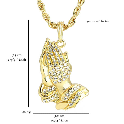 6 god Prayer Hand Pendant 24" Rope Chain Men's 18k Gold Plated Jewelry