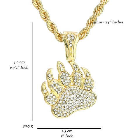 Bear Paw Pendant 4mm 24" Rope Chain 18k Gold Plated