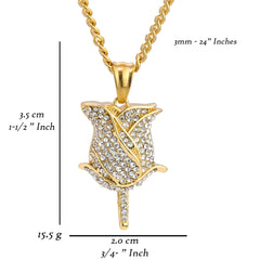 Rose Fully Iced Pendant 24" Cuban Chain Hip Hop Style 18k Gold Stainless Steel