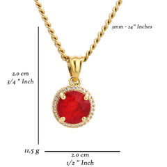 Red Round Ruby Pendant 24" Cuban Chain Hip Hop Style 18k Gold Stainless Steel