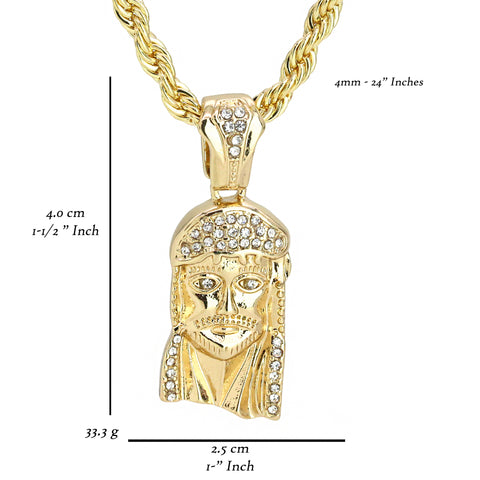 Micro Jesus Slim Face Pendant 24" Rope Chain Men's 18k Gold Plated Jewelry