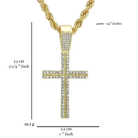 Slim Cross Two Row Pendant 24" Rope Chain Men's 18k Gold Plated Jewelry