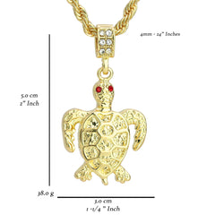 Turtle Red Eye Pendant 4mm 24" Rope Chain 18k Gold Plated