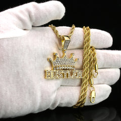 Crown Hustler Pendant Rope Chain Men's Hip Hop 18k Cz Jewelry Necklace
