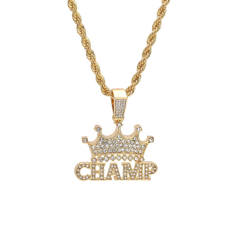 Crown Champ Pendant Rope Chain Men's Hip Hop 18k Cz Jewelry Necklace