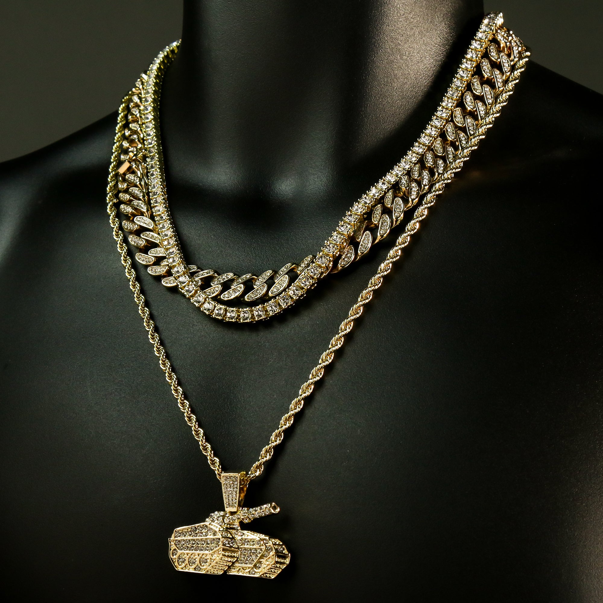 High Fashion Gold Plated 20 Fully Cz Cuban Tennis Chains & No Limit Tank Pendant