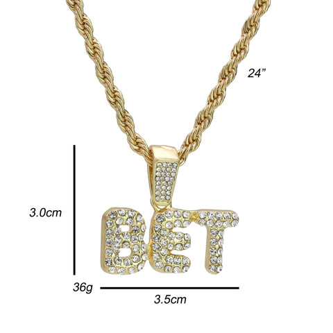 BET Letter Pendant Rope Chain Men's Hip Hop 18k Cz Jewelry Choker Necklace