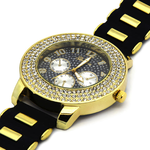 Gold Geneva Black Silicone Band Watch