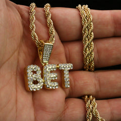 BET Letter Pendant Rope Chain Men's Hip Hop 18k Cz Jewelry Choker Necklace
