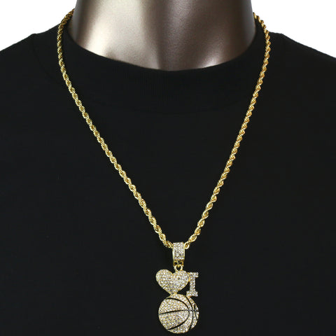I Love Basketball Pendant with Gold Rope Chain