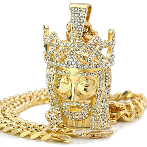 ROYAL CROWN JESUS FACE PENDANT 30" CUBAN CHAIN