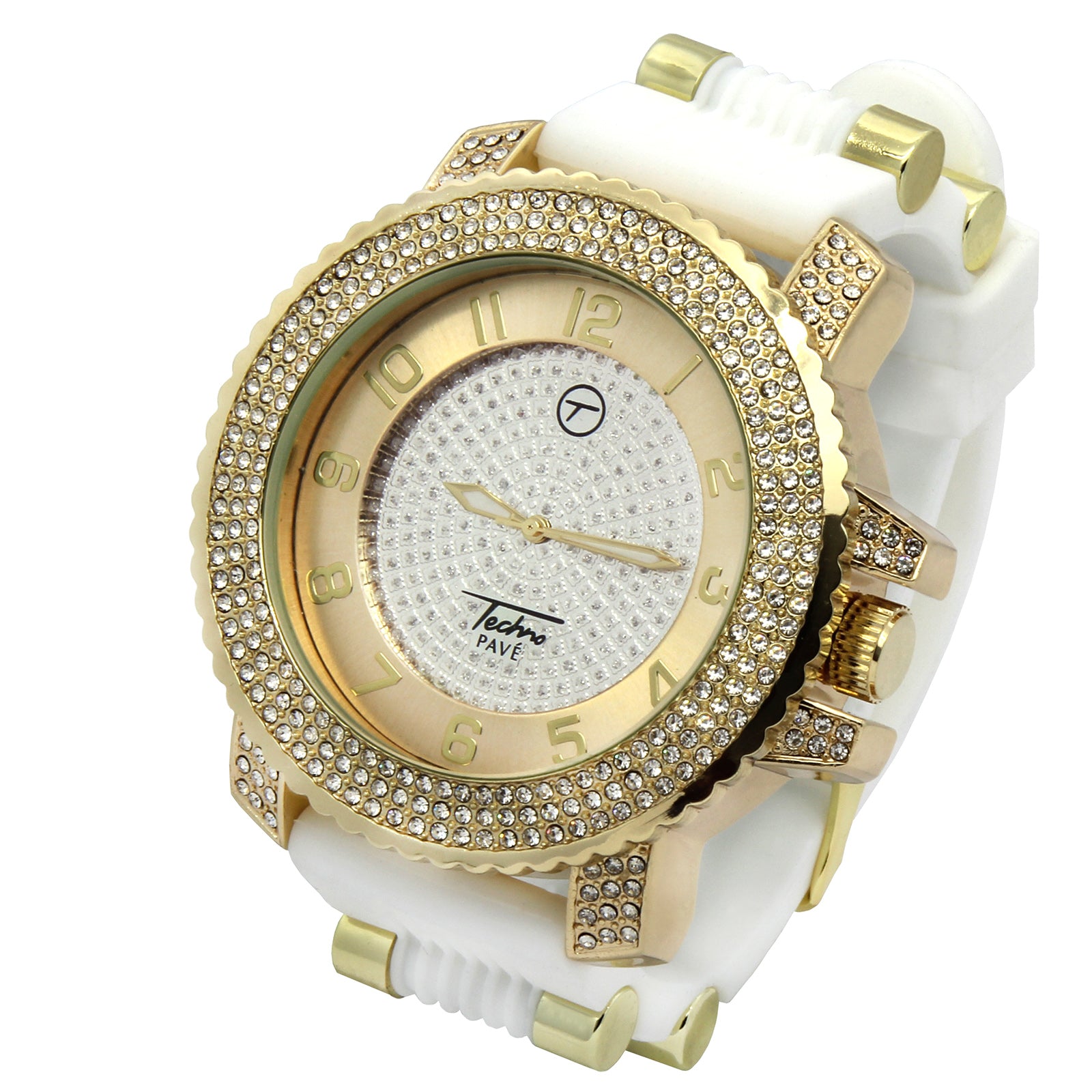 Gold Techno Pave White Silicone Band Watch