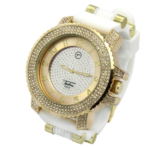 Gold Techno Pave White Silicone Band Watch