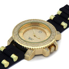 Gold Techno Pave Black Silicone Band Watch