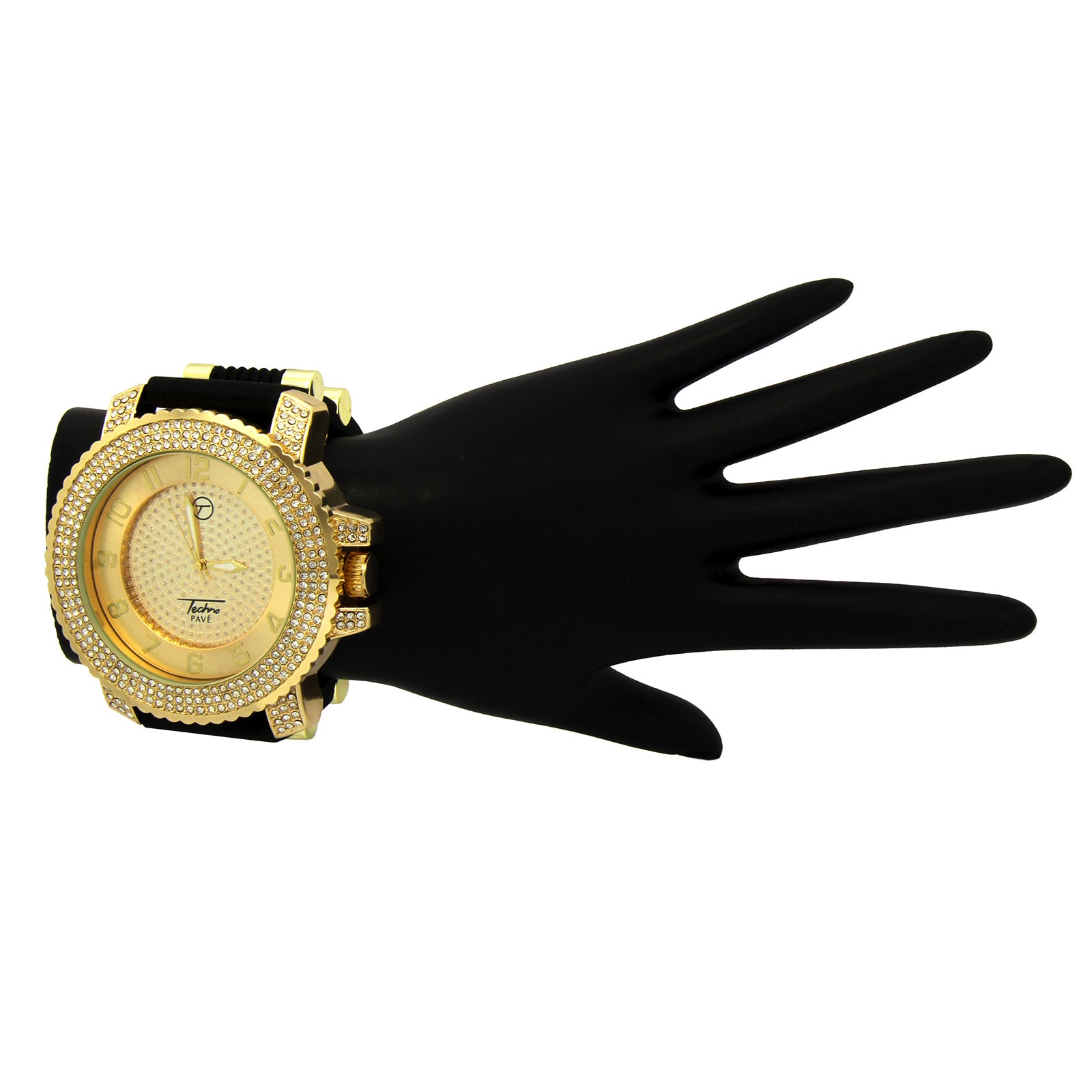 Gold Techno Pave Black Silicone Band Watch