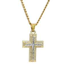 Voided Stardust Cross Pendant 24" Cuban Chain Hip Hop Style 18k Gold Stainless Steel