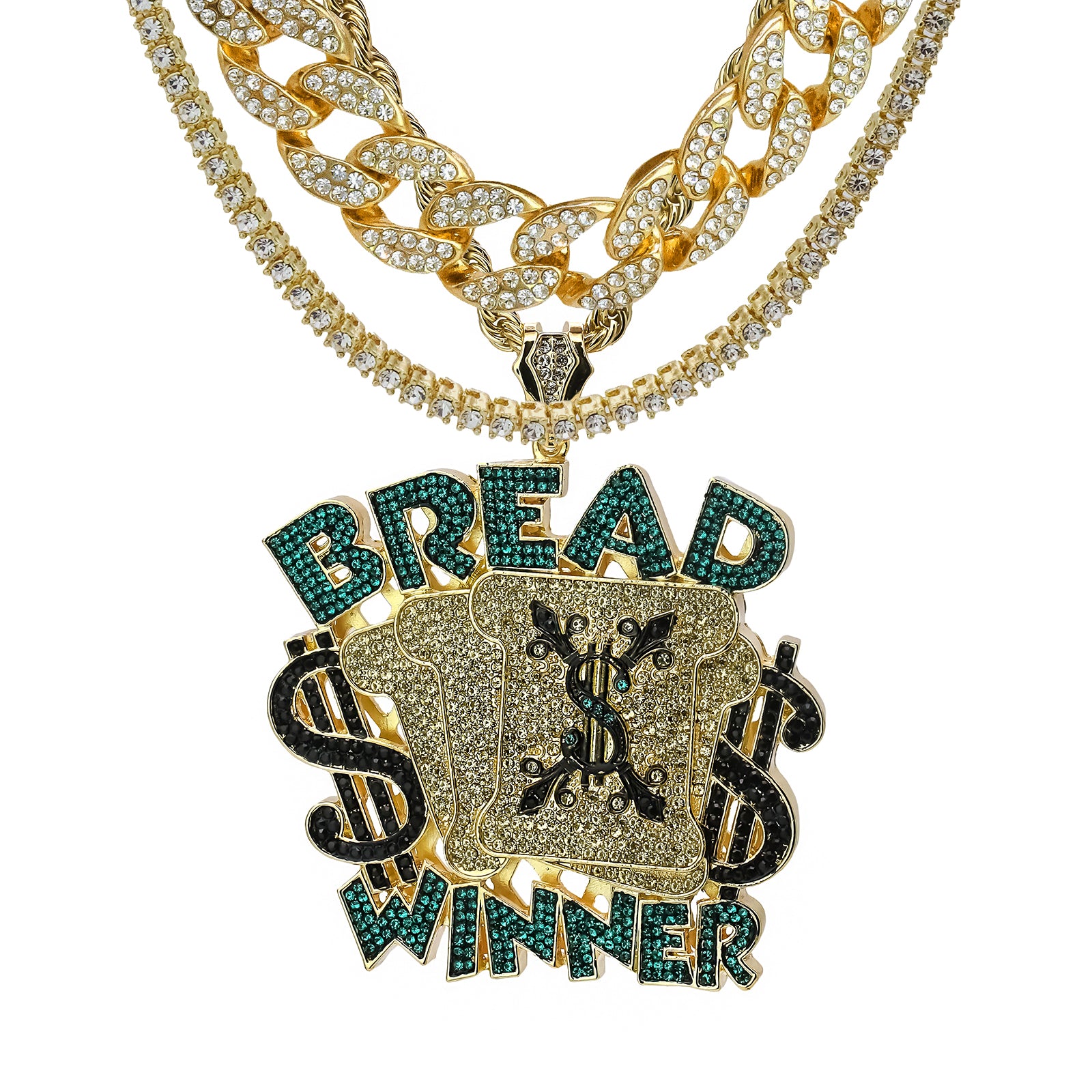 Bread Winner Cz 4 Pcs Set Clear Cz Cuban, Tennis & Rope Chain Bundle Gold PT