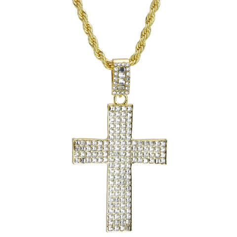 Iced 4 Row Cross Pendant 24"Rope Chain Hip Hop Style 18k Gold Plated