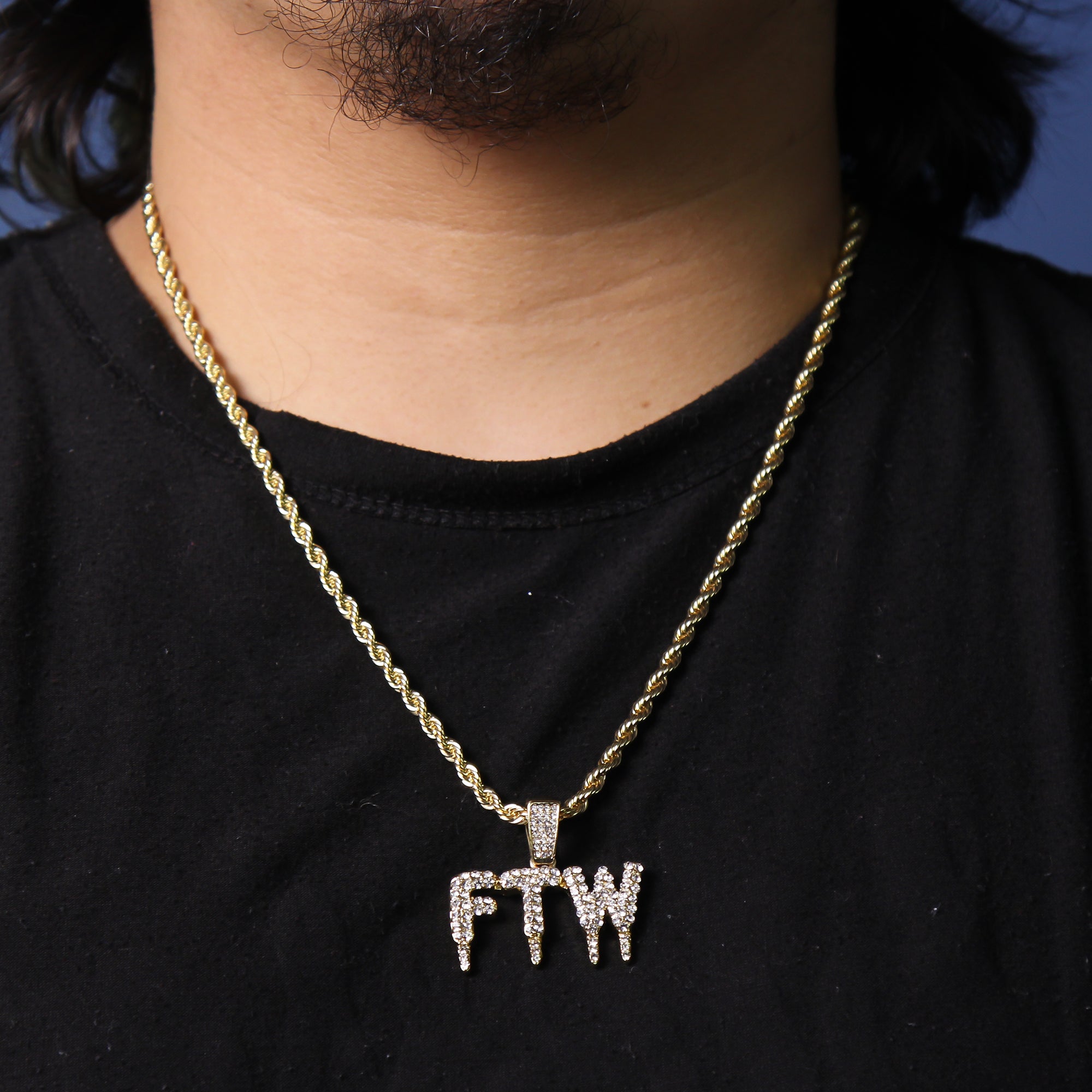 F.T.W Drip Letter Pendant Rope Chain Men's Hip Hop 18k Cz Jewelry Necklace
