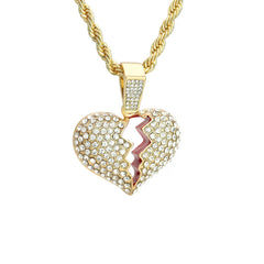 Broken Heart Pendant 4mm 24" Rope Chain 18k Gold Plated