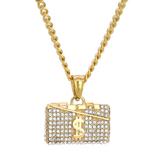 Icy Suitcase Money Sign Pendant 24" Cuban Chain Hip Hop Style 18k Gold Stainless Steel