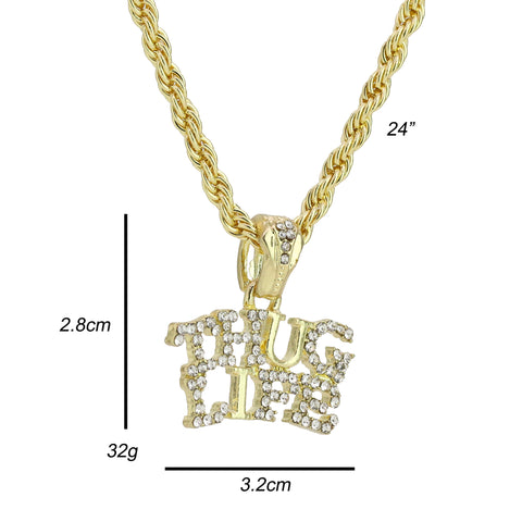 Cz Thug Life Pendant 24" Rope Chain Men's Hip Hop Style 18k Jewelry Necklace