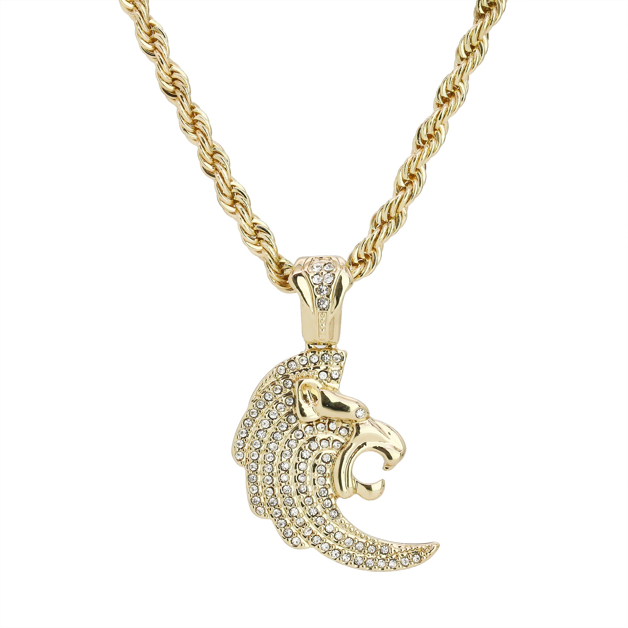 Cz Curved Lion Head Pendant 24" Rope Chain Men's Hip Hop Style 18k Jewelry