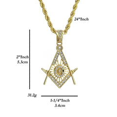 Cz Freemason Charm Pendant 4mm 24" Rope Chain 18k Gold Plated