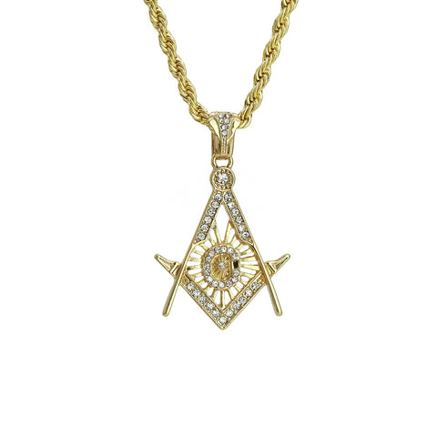 Cz Freemason Charm Pendant 4mm 24" Rope Chain 18k Gold Plated
