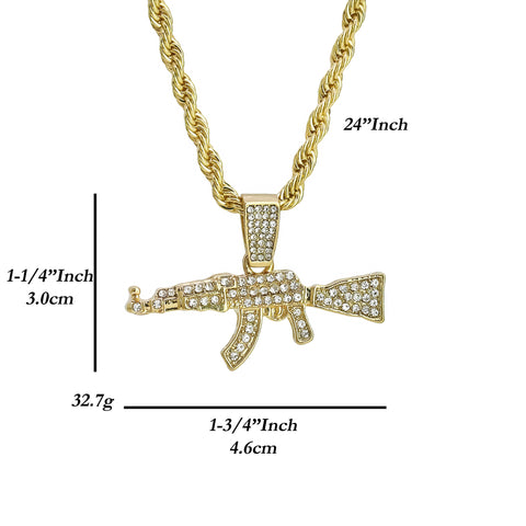 Cz AK47 Charm Pendant 4mm 24" Rope Chain 18k Gold Plated