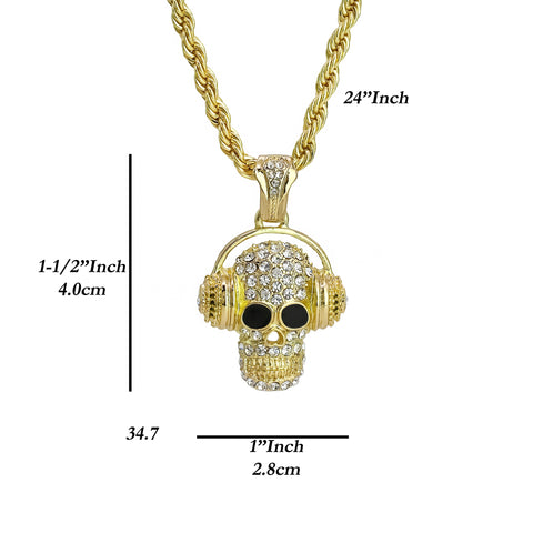 Cz Skull Charm Pendant 4mm 24" Rope Chain 18k Gold Plated