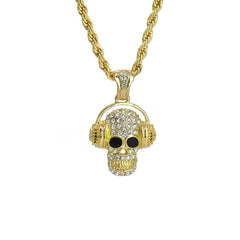 Cz Skull Charm Pendant 4mm 24" Rope Chain 18k Gold Plated