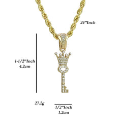 Cz Crown Key Charm Pendant 4mm 24" Rope Chain 18k Gold Plated