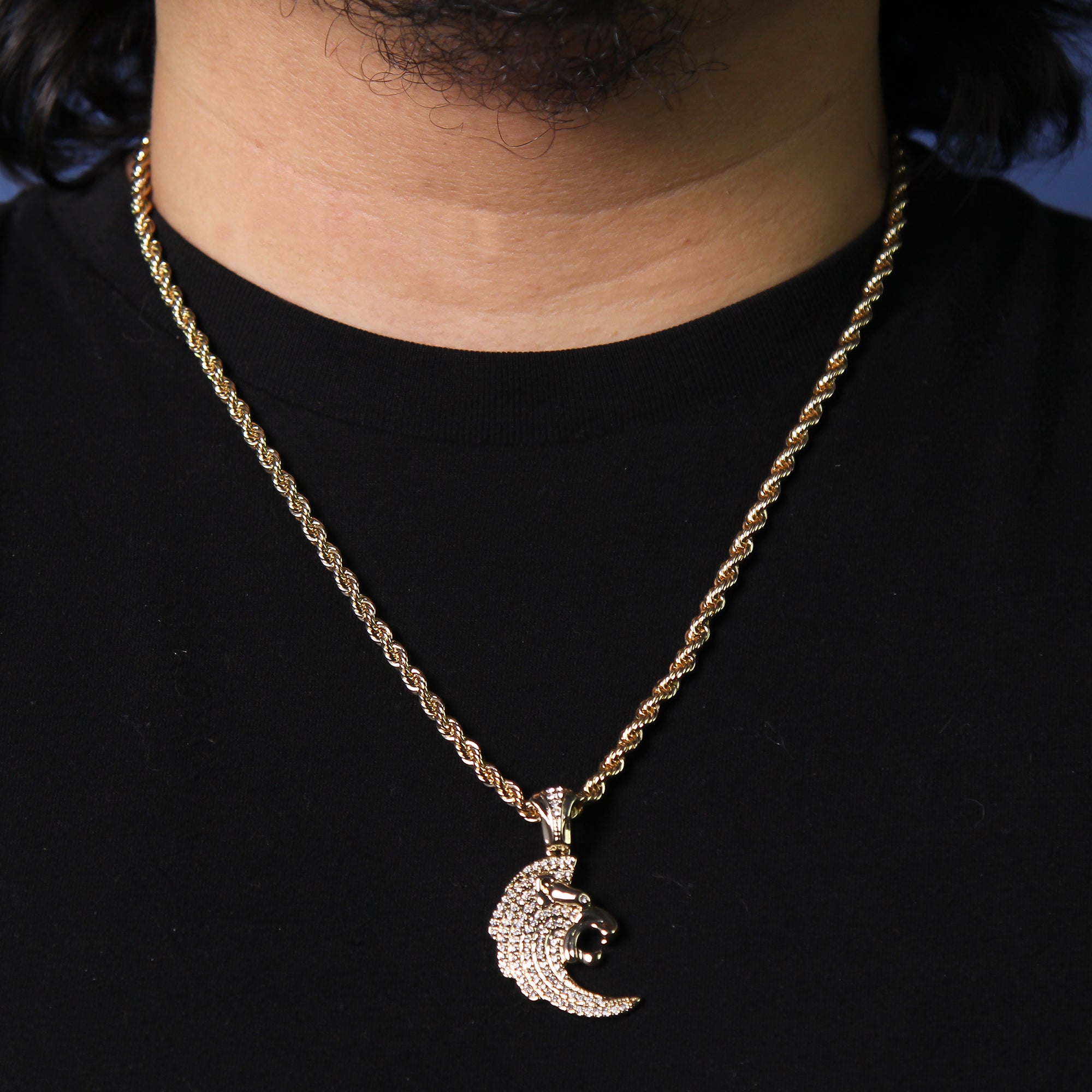 Cz Curved Lion Head Pendant 24" Rope Chain Men's Hip Hop Style 18k Jewelry