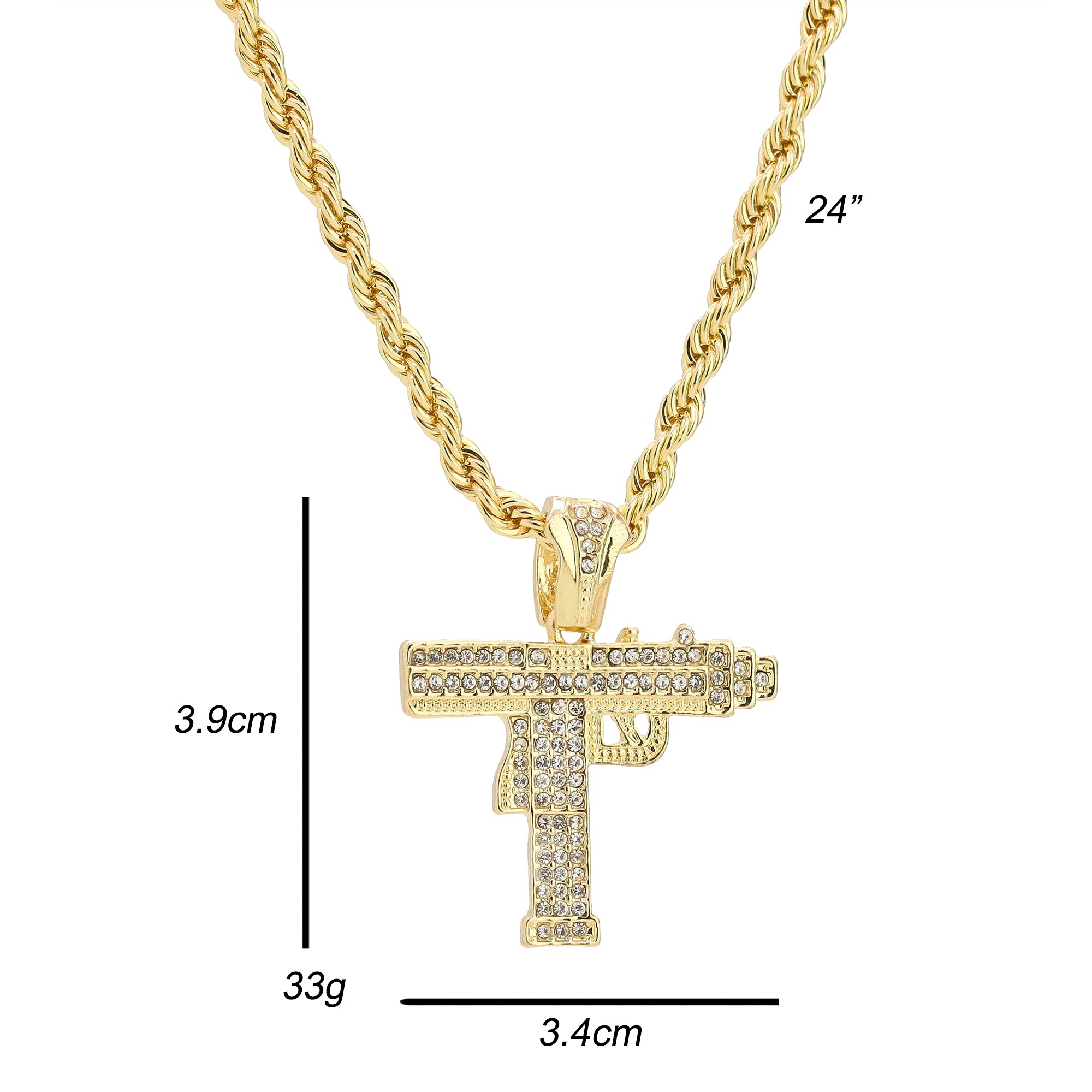 Cz Uzi Gun Pendant 24" Rope Chain Men's Hip Hop Style 18k Jewelry Necklace
